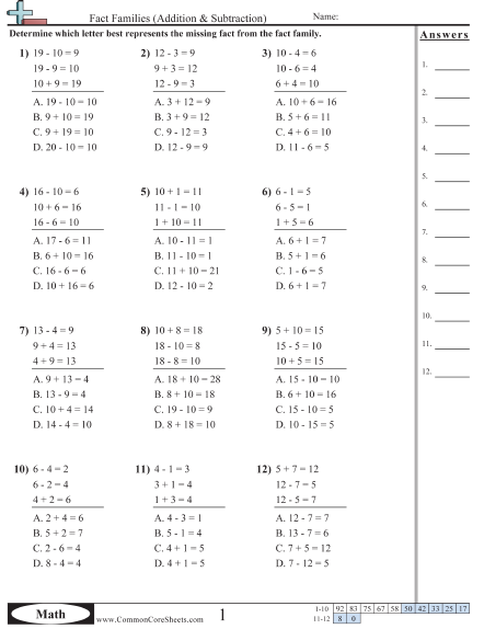 Fact Family Worksheets - Find Missing Fact (Multiple Choice) worksheet